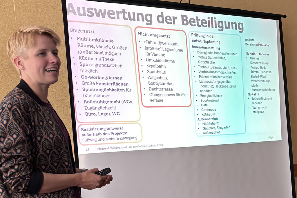 Eine Person steht vor einer Projektionswand, auf der eine deutschsprachige Grafik zur Projektbeteiligung und -analyse zu sehen ist, und hält einen Vortrag.