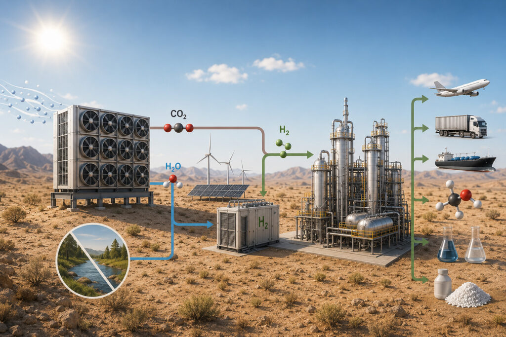 Schematische Darstellung einer Industrieanlage in einer Wüste, die CO₂ und Wasser aus der Luft gewinnt, mithilfe erneuerbarer Energien Wasserstoff herstellt und Kraftstoffe für Verkehrsmittel wie Schiffe, Lkw und Flugzeuge synthetisiert.