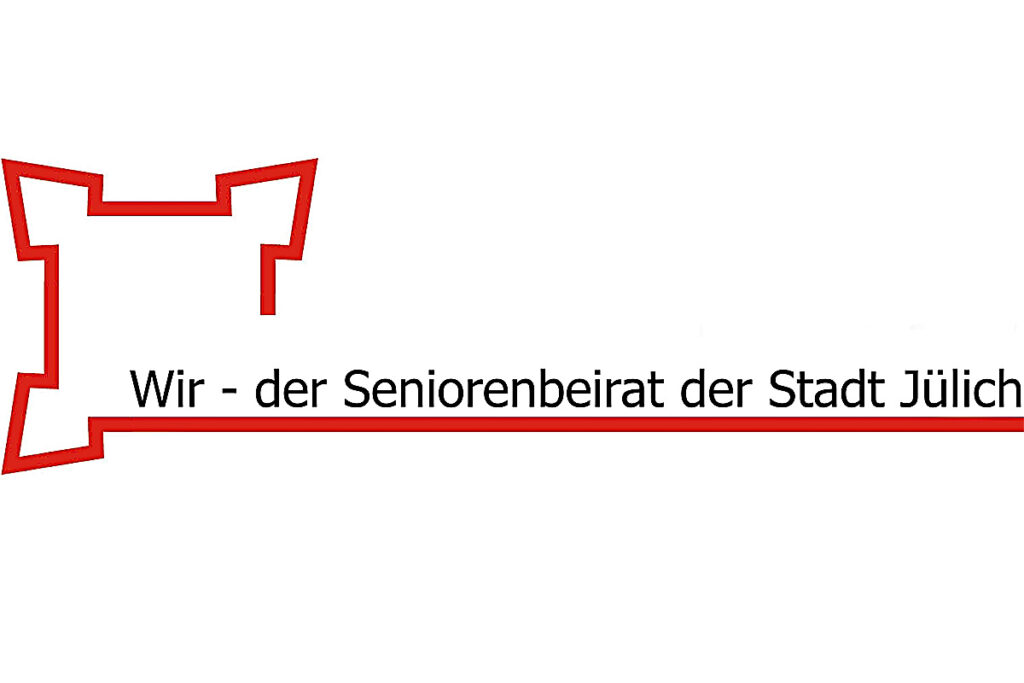 Logo mit einem roten Umriss in Form einer Festung und dem Text „Wir – der Seniorenbeirat der Stadt Jülich“ daneben, unterstrichen durch eine rote Linie.