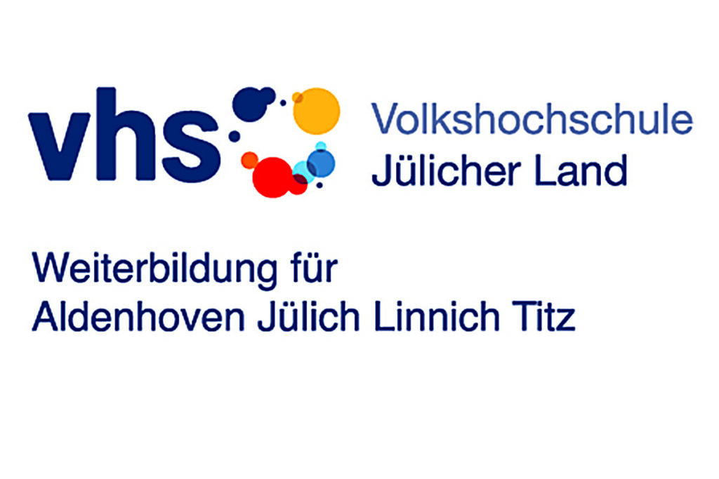 VHS-Logo mit dem Text: „Volkshochschule Jülicher Land, Weiterbildung für Aldenhoven, Jülich, Linnich, Titz“ auf weißem Hintergrund.