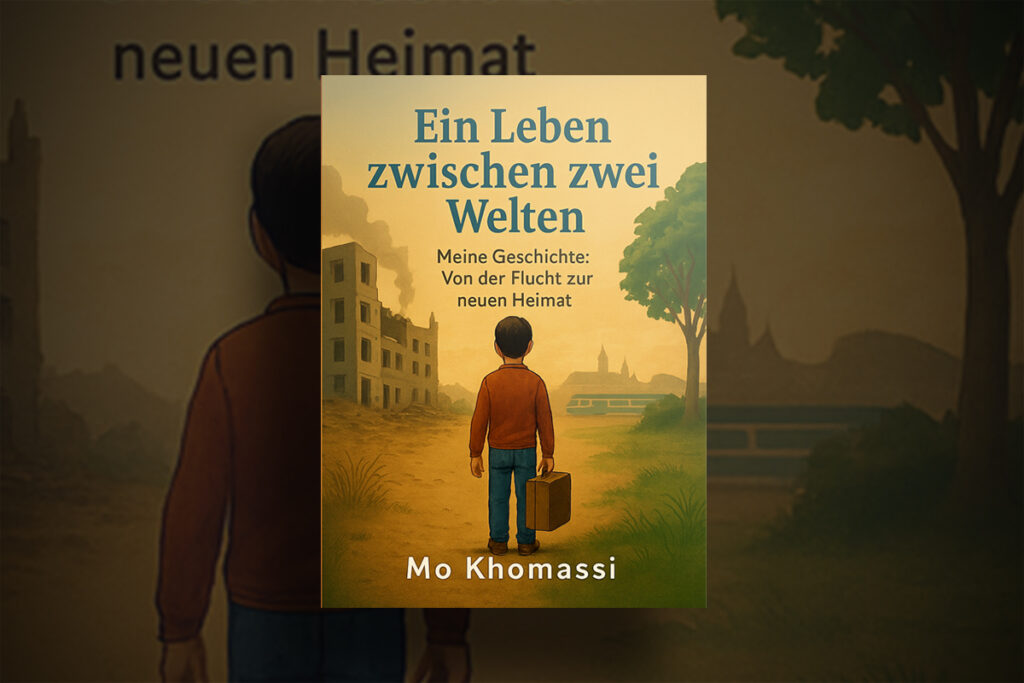 Buchcover, auf dem ein kleiner Junge mit einem Koffer vor dem Hintergrund eines Sonnenuntergangs zu sehen ist, umgeben von Gebäuden und Bäumen. Titel auf Deutsch: „Ein Leben zwischen zwei Welten“ von Mo Khomassi.