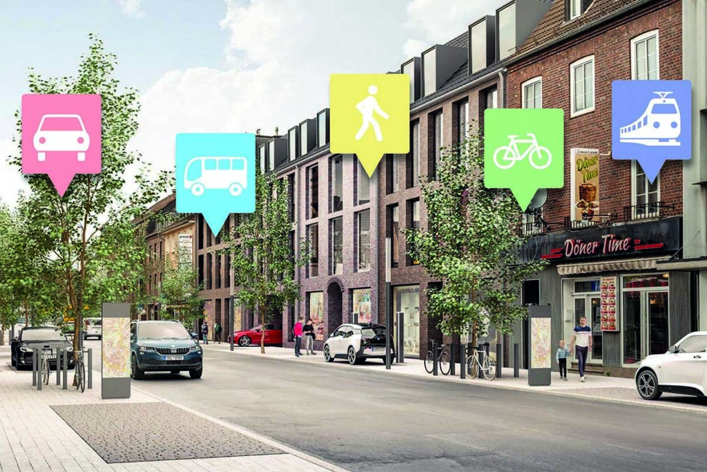 Eine Stadtstraße mit geparkten Autos, Bäumen und Gebäuden; über der Straße schweben Symbole für die Fortbewegungsmöglichkeiten Auto, Bus, zu Fuß, Fahrrad und Zug.