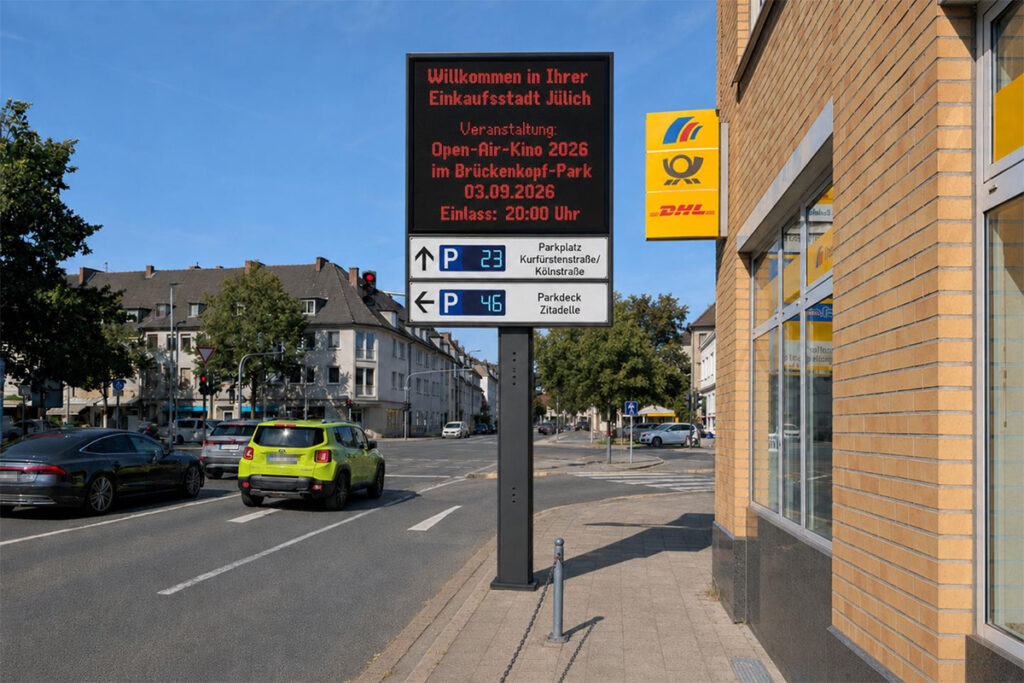 Eine digitale Anzeige in deutscher Sprache liefert Parkinformationen und wirbt für ein Open-Air-Kino im Jahr 2026; an einem sonnigen Tag sind geparkte Autos und Gebäude der Stadt zu sehen.
