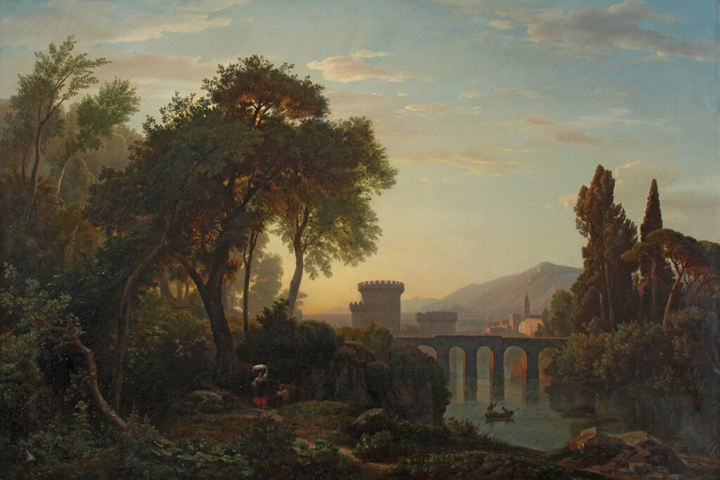 Gemälde einer friedlichen Landschaft mit Bäumen, einer Steinbrücke über einen Fluss, weit entfernten Burgtürmen, Bergen und einer Person im Vordergrund am Ufer bei Sonnenuntergang.