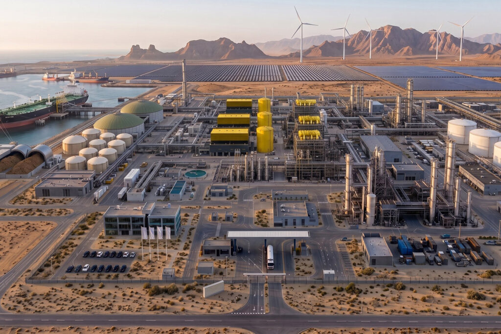 Ein großer Industriekomplex mit Lagertanks, Solaranlagen, Windkraftanlagen und vor Anker liegenden Schiffen, eingebettet in eine Wüstenlandschaft mit Bergen im Hintergrund.