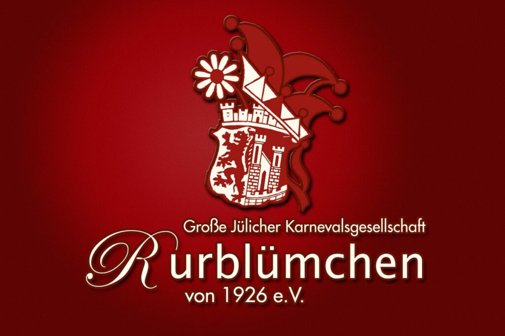 Logo der Großen Jülicher Karnevalsgesellschaft Rurblümchen von 1926 e.V. mit einer Narrenkappe und einem Wappenschild mit einem Löwen.