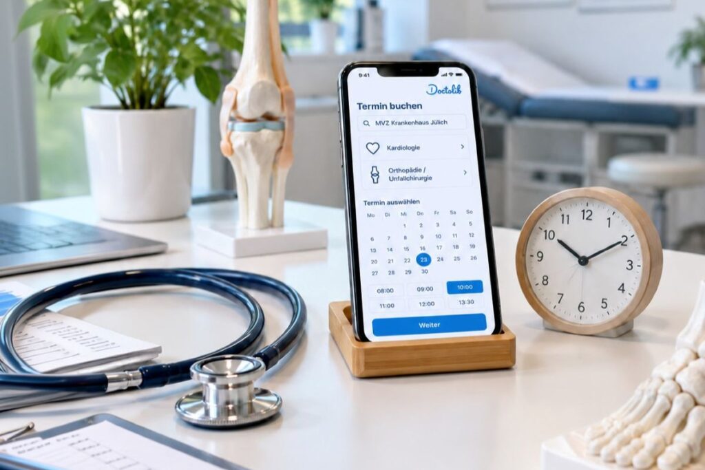 Auf einem Schreibtisch in einer Arztpraxis liegt ein Smartphone, auf dem eine App zur Terminvereinbarung für Arztbesuche angezeigt wird, daneben liegen ein Stethoskop, ein anatomisches Modell, eine Uhr und Unterlagen.