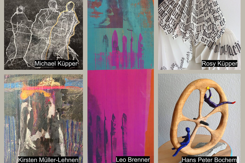 Ein Raster aus sechs Kunstwerken von Michael Küpper, Rosy Küpper, Kirsten Müller-Lehnen, Leo Brenner und Hans Peter Bochem, versehen mit den Namen der Künstler.