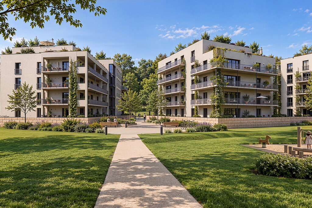 Moderne Mehrfamilienhäuser mit Balkonen und begrünten Dachterrassen, die einen zentralen Gehweg und eine Rasenfläche umgeben.